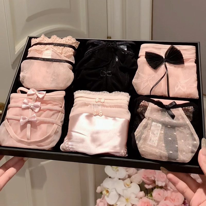 [Korean Art Girl Group] (6-Piece Set) Pink Sweet Lace Low-Waist Underwear Set for Women