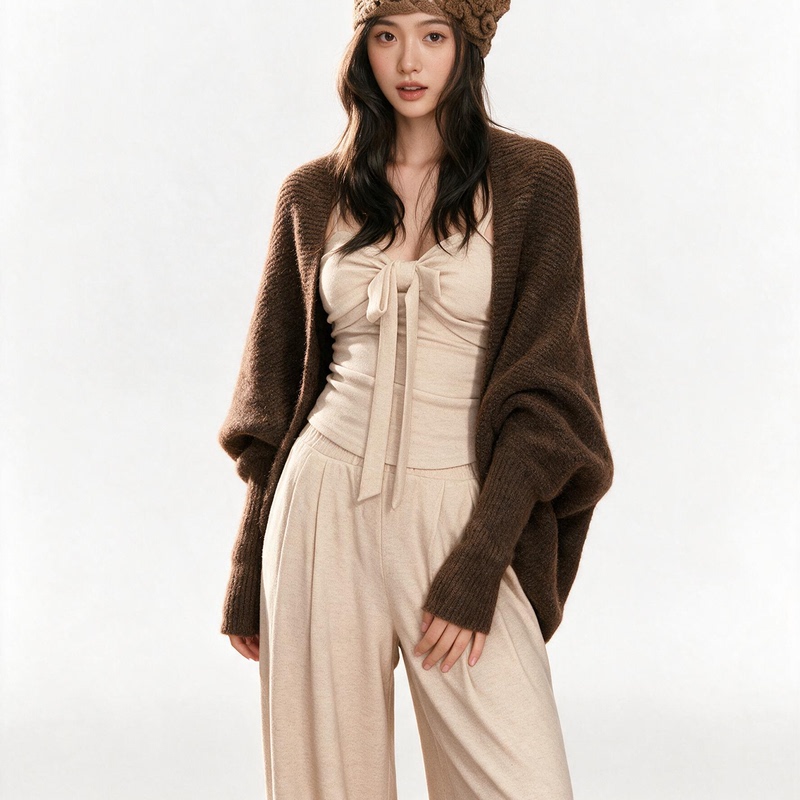 Popwesst Lazy Style Korean Outfit Knitted Sweater Jacket Camisole Tube Top Inner Wear Vest Long Pants Set