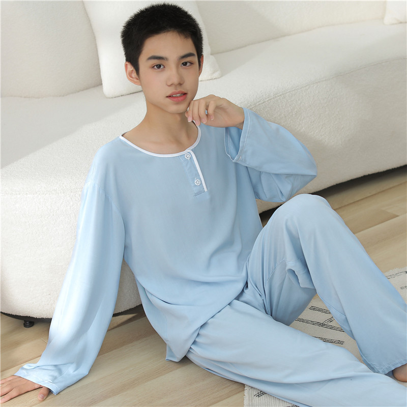 Spring and Autumn Men's Pajamas Long-Sleeved Cotton Silk Pullover Summer Cartoon Boys Teenagers Student Home Clothes Thin Set