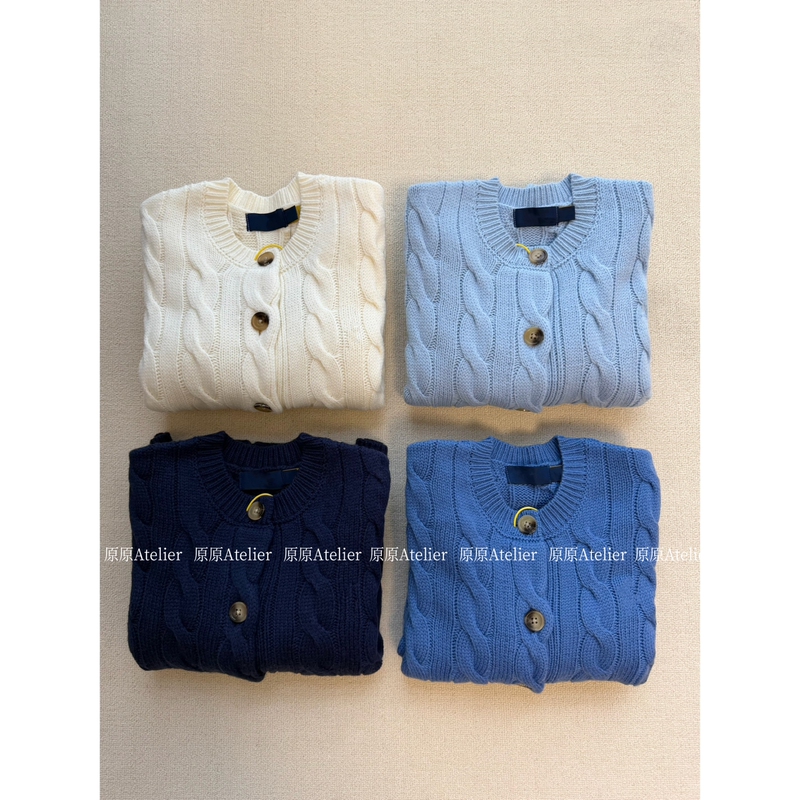 Original Atelier 90% Wool Classic Old Money Style Embroidered Cable Knit Large Button Wool Cardigan Sweater