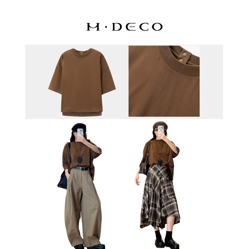 【Mdeco】［Heavyweight T］Minimalist Silhouette Paper-Like Stand-Up Collar Loose-Fitting Mid-Sleeve Cotton Top
