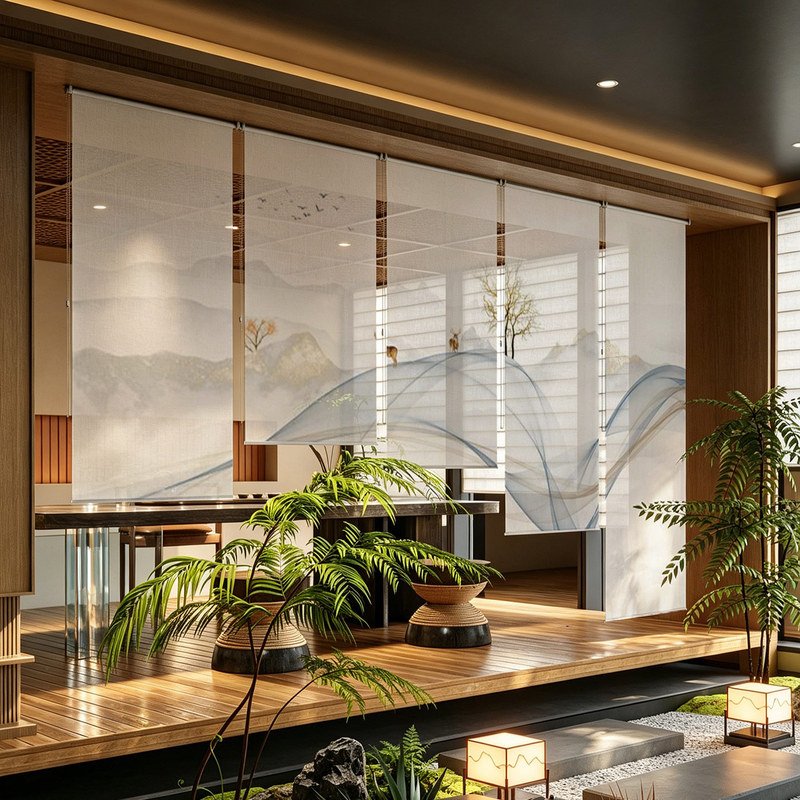 New Chinese-Style Ink Painting of Distant Mountains, Deer, and Birds, Roll-Up Partition for Tea Room, Semi-Transparent Office Hanging Screen Curtain