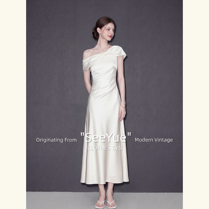 Effortlessly Elegant Outfit: Flowing Satin Off-Shoulder Bow Dress for Women, 2026 New Summer High-End Dress