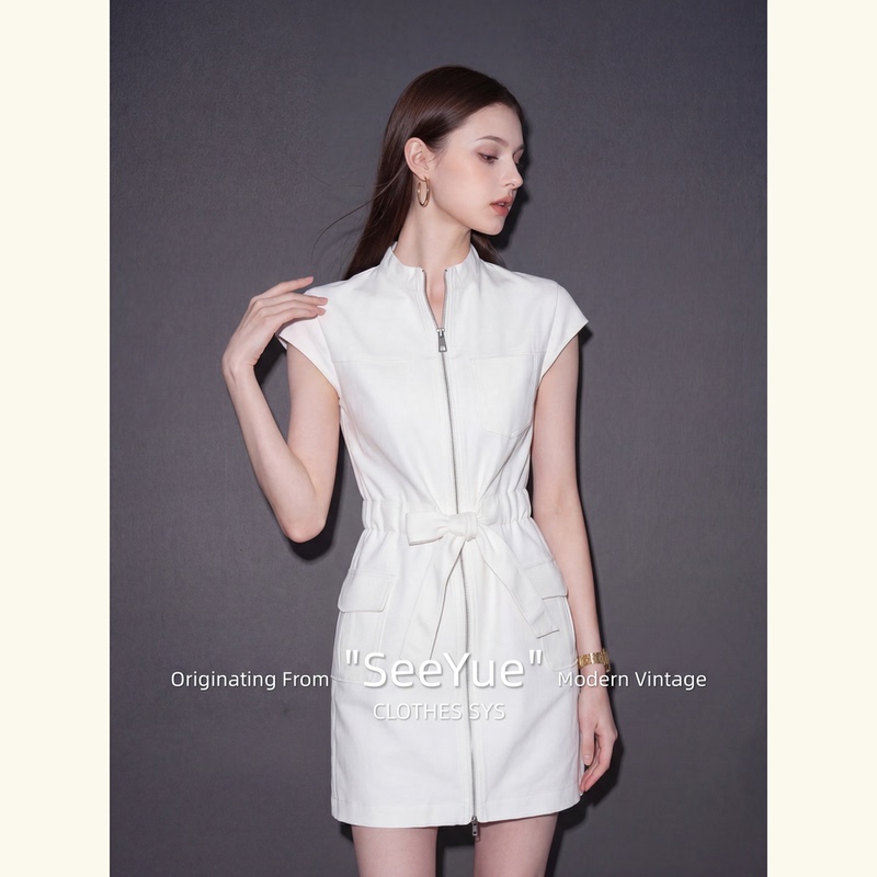 Elegant Urban Style White Stand-Up Collar Tie Waist Dress for Women 2026 New Commuter Simple and Elegant Dress Elegant Urban Style White Stand-Up Collar Tie Waist Dress for Women 2026 New Commuter Simple and Elegant Dress