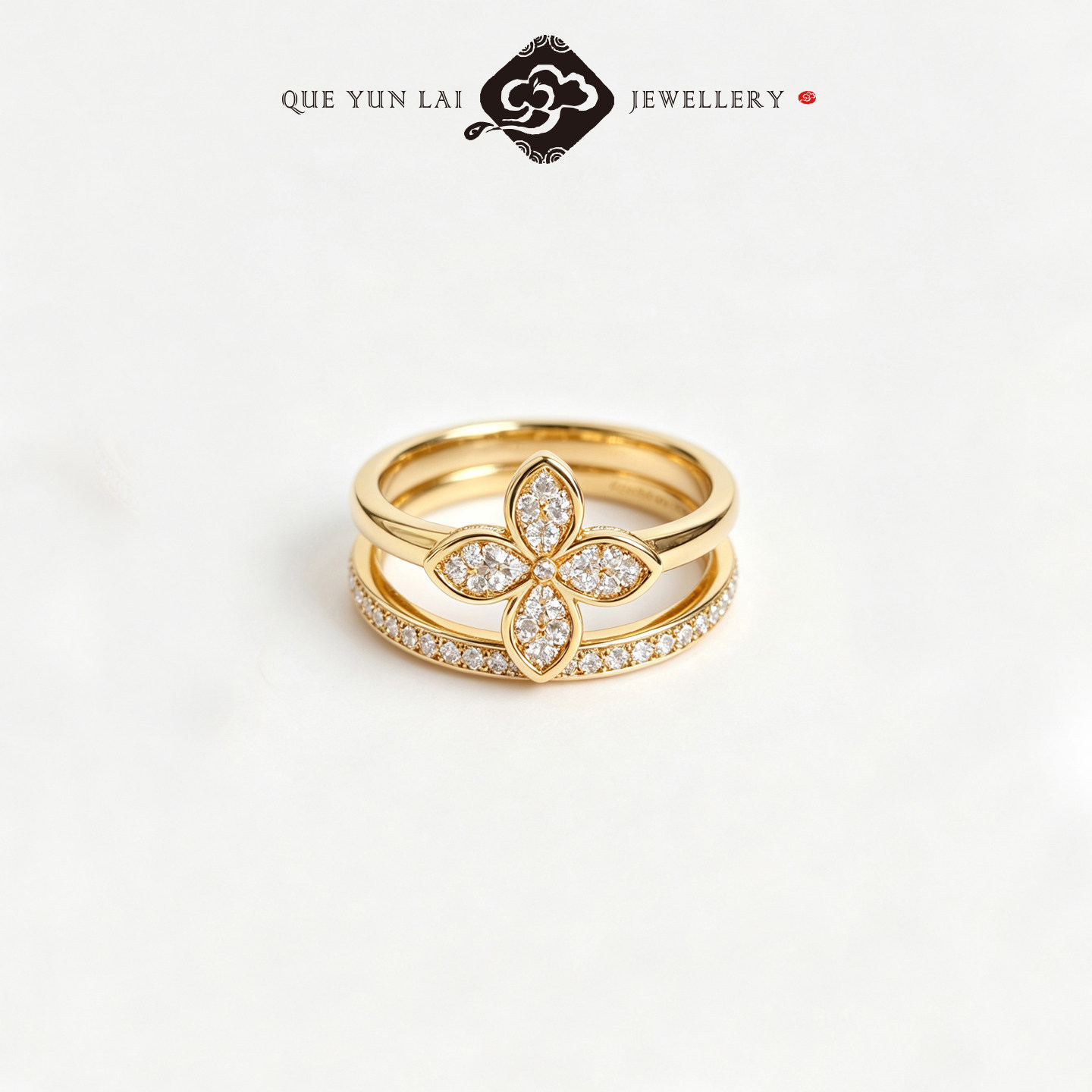 Queyunlai gold dot diamond ring pure gold 999 double ring lucky flower simple women's ring as a gift for your girlfriend