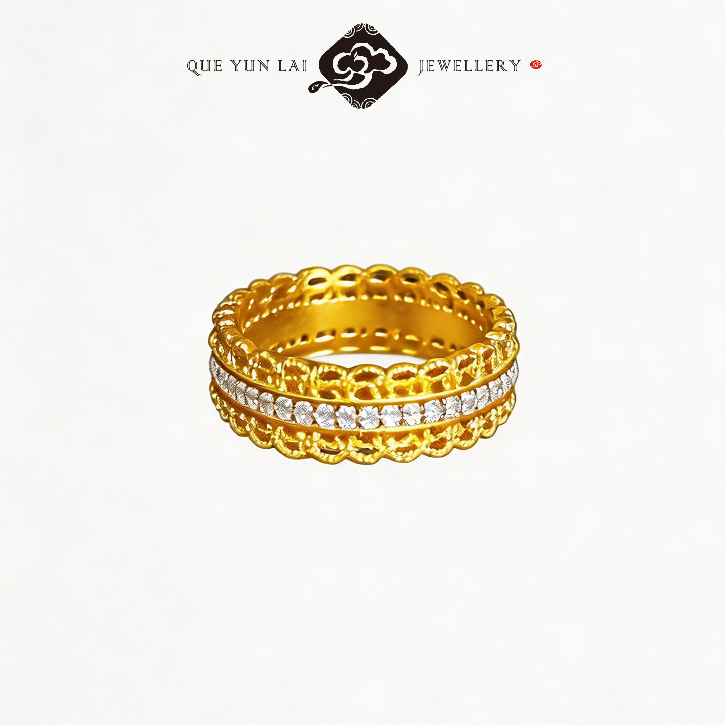 Queyunlai ancient gold point diamond 999 pure gold ring for women with a wealth of rings, luxurious shiny light luxury gift