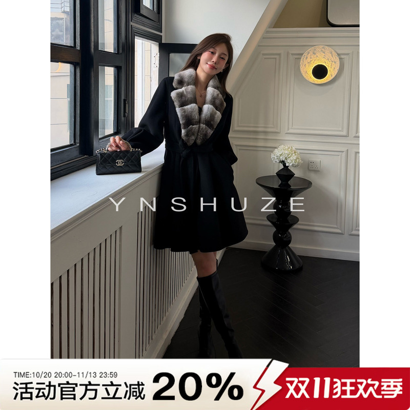 Yn-Shuze【Ink Cream】Light Luxury and Sophisticated Style Long Coat with Fur Collar Sz-Ynb-83058-1