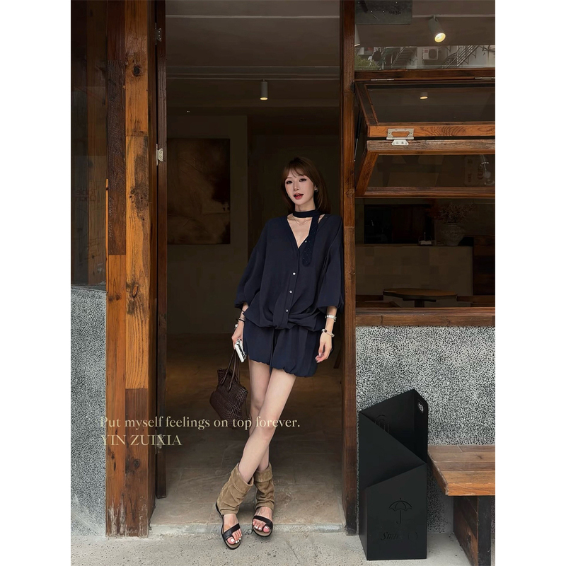 Vidin Lim Summer Navy Blue V-Neck Buttoned Puff Sleeve Shirt and Shorts Set