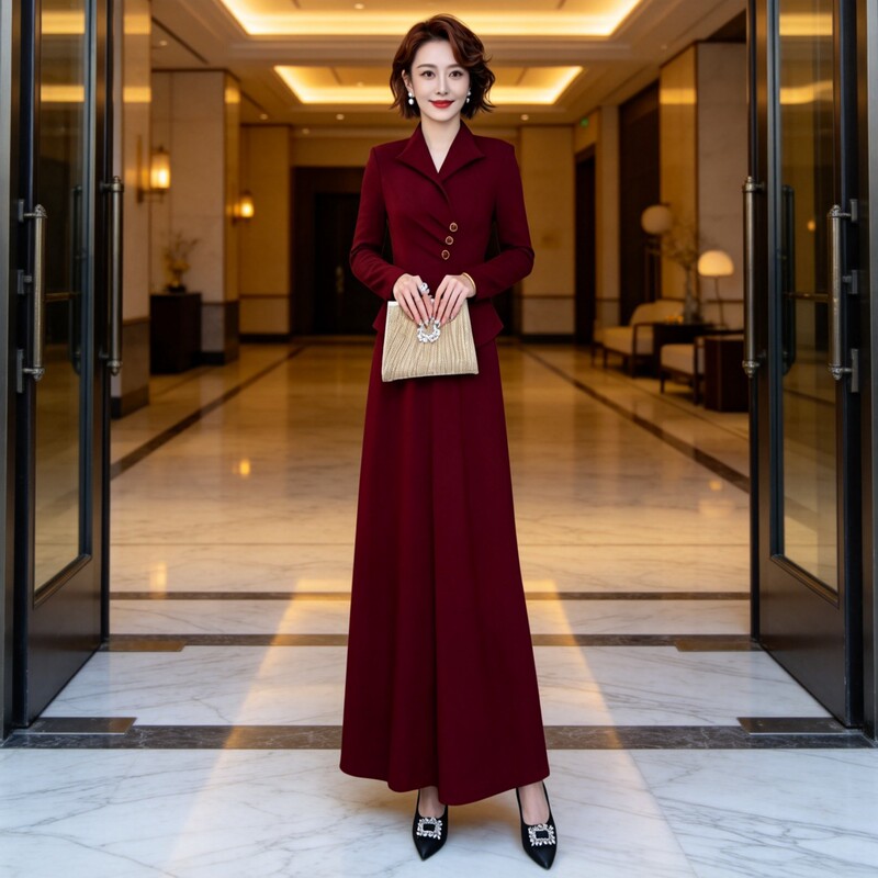 High-End Dress for Women, Spring and Autumn 2026 New Style, Classy Fashion Burgundy Long Dress, Slimming and Figure-Flattering One-Piece Dress