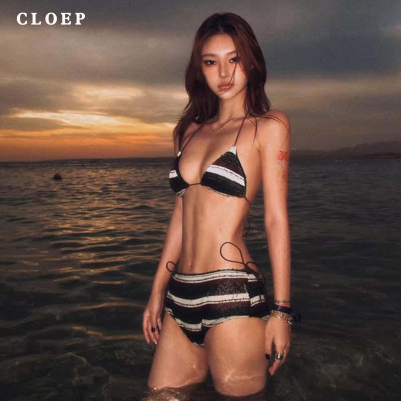 Bikini Swimsuit for Women with Cover-Up, Sexy and Alluring Striped Design, Slimming, European and American Style, Instagram-Worthy, for Beach Vacation and Hot Springs