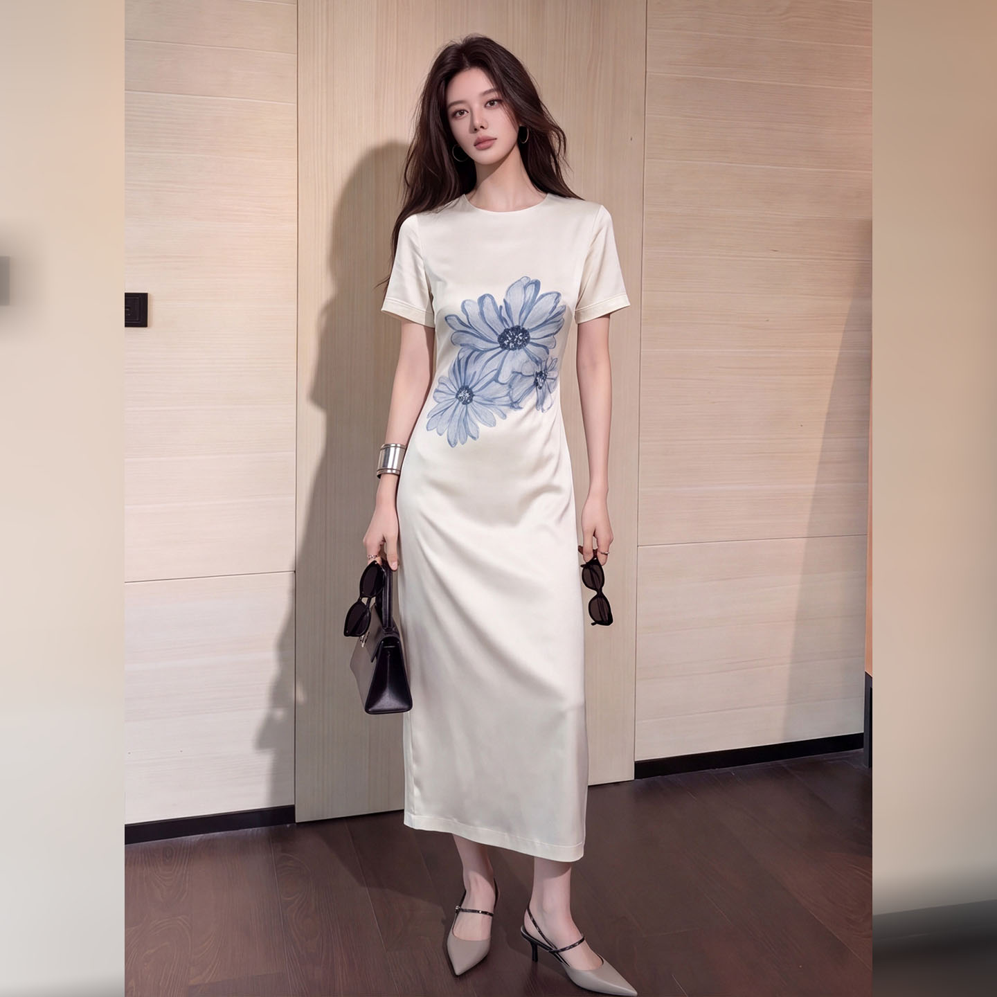 设计感白色印花连衣裙女2026夏季新款短袖修身显瘦气质度假中长裙