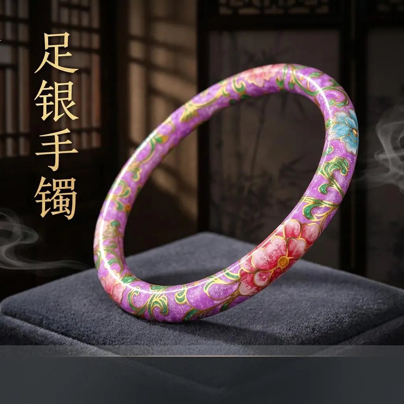 Silver Bracelet with 999 Pure Silver, Solid, Chinese Style, Painted with Floral Patterns in Violet Color