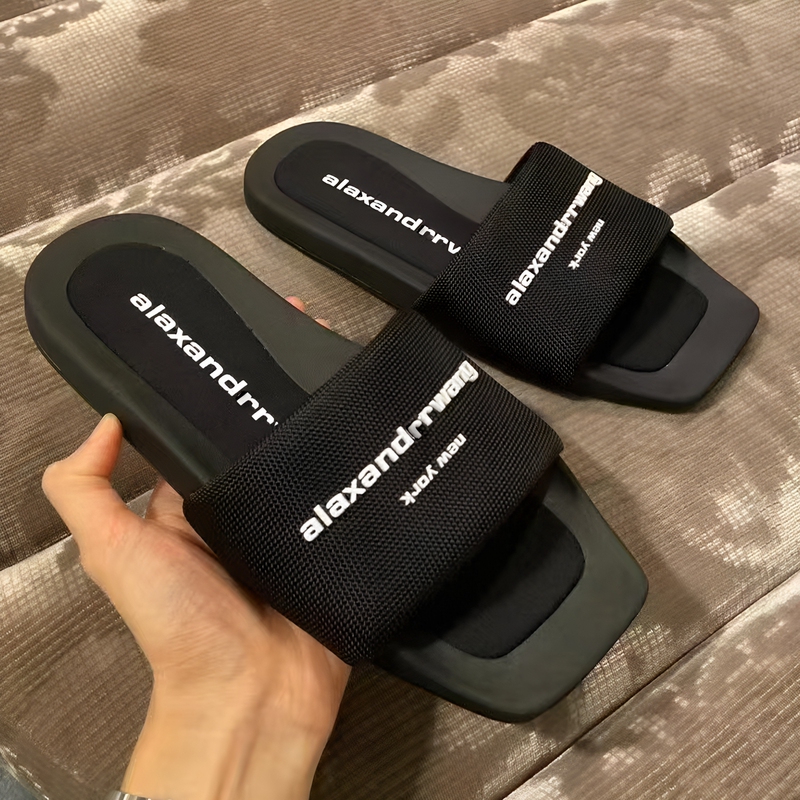 Dawang Slippers for Women 2026 New Style Black Silk Flat Square Toe Peep-Toe Strap Beach Sandals for Women Dawang Slippers for Women 2026 New Style Black Silk Flat Square Toe Peep-Toe Strap Beach Sandals for Women