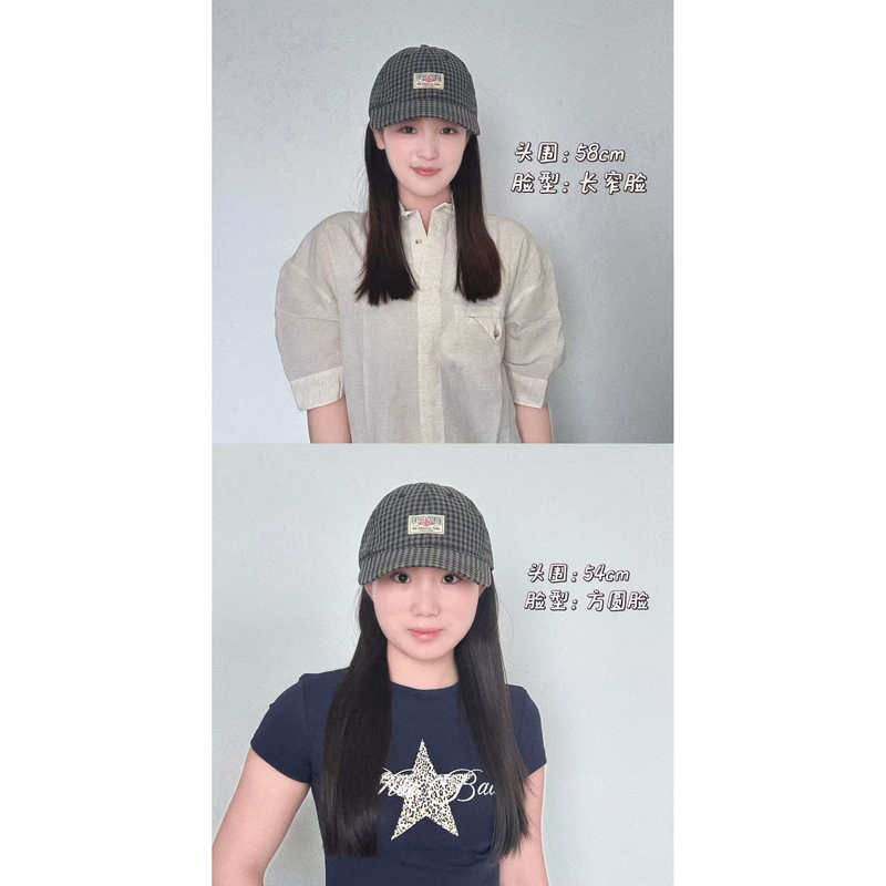 Eggshell Korean Baseball Cap with Plaid Pattern for Square and Round Faces