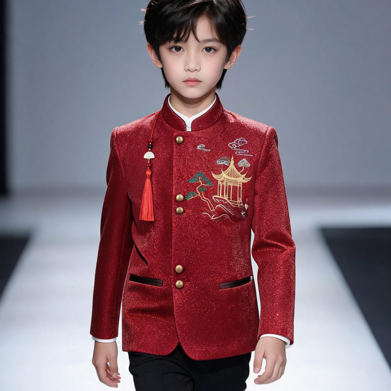 Boys' Suit Set Chinese Style Red Shiny Silk National Style Host Performance Outfit Youth Zhongshan Suit Jacket