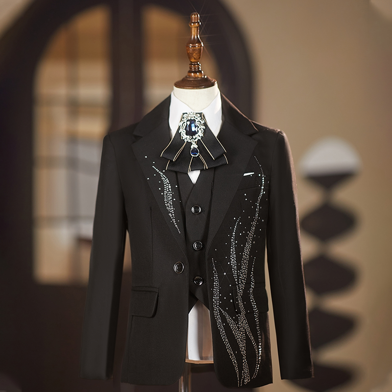 Boys' Black Suit with Rhinestones, Sequined Suit for Little Host, Wedding Flower Boy Outfit, Piano Performance Stage Costume