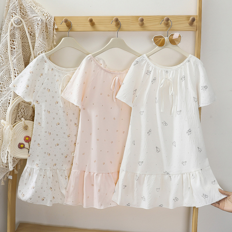 Good Luck Children's Clothing Sweet Style Girls' Dress Summer Short Sleeve Floral Ruffle Princess Dress Thin Homewear