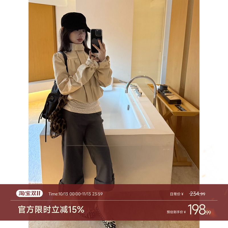 Two Hundred Million Stand-Up Collar Short Design Trench Coat for Women, Loose-Fitting Drop-Shoulder Jacket, Stylish Casual Short Coat
