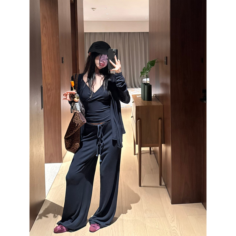 Two Hundred Million Navy Blue Knitted Cardigan Camisole Women's Autumn Long-Sleeve Jacket Top Wide-Leg Pants Set