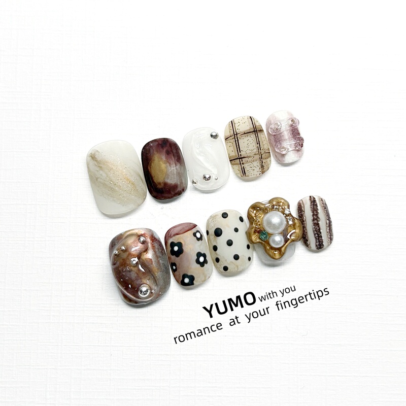 Yumo Handmade Wearable Nails Japanese Kawaii Series Nail Art Unique Non-Repetitive Style Bean Nails Short and Wearable