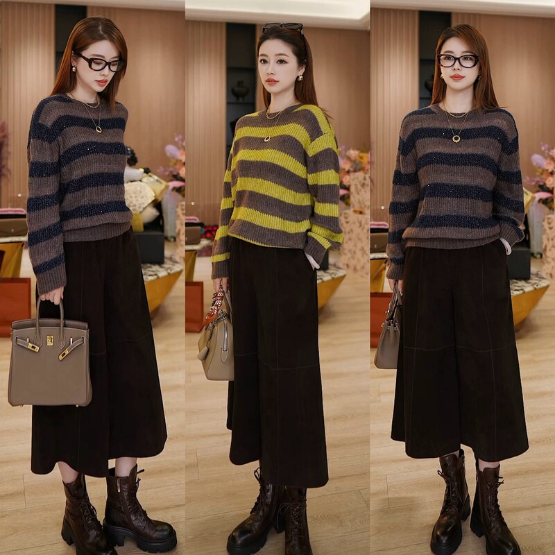【True Love】Cashmere, Mulberry Silk, and Wool Loose-Fitting Lazy Striped Sweater Td3M8132149Y