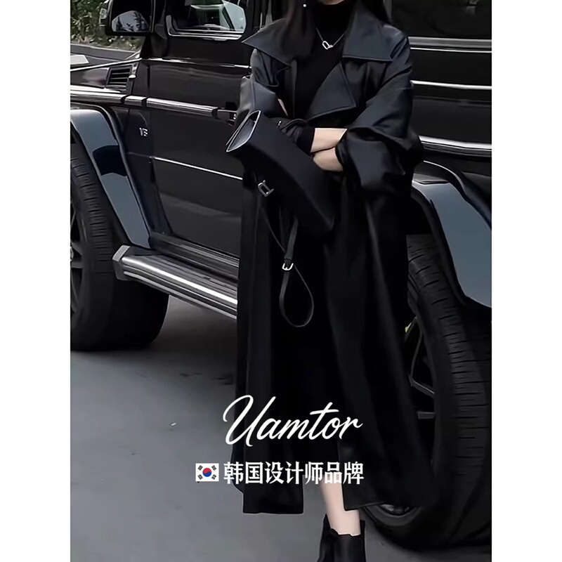 Korean Uamtor Fashionable Slim-Fit Over-The-Knee Long Leather Jacket for Women, Autumn and Winter High-End Dark Style Coat