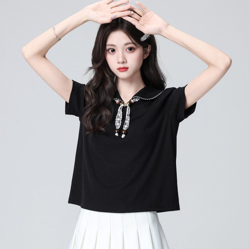 Dzoe Black Polo Collar Short-Sleeved T-Shirt for Women 2026 Summer New Style Loose Lapel Top with Lace-Up Design