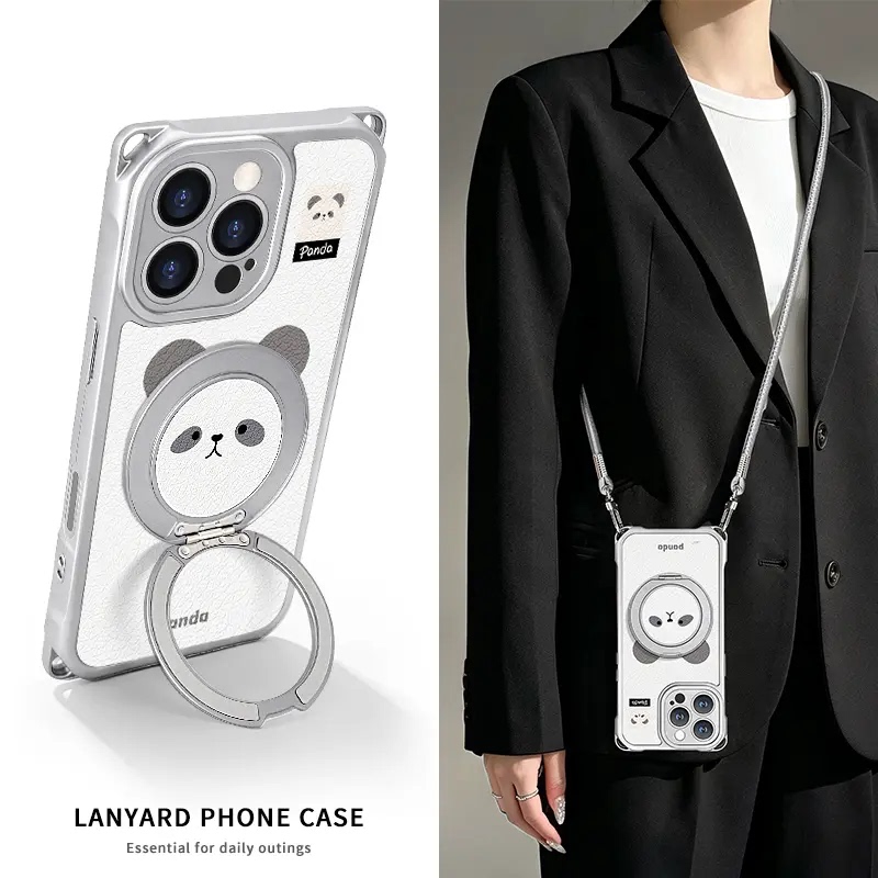 Four-Corner Lanyard Panda Stand Suitable for Apple 17 Pro Phone Case, Huawei Mate 60 New Model, Pura 80 Creative Opporeno15 Faux Leather Vivox300 Full-Cover Xiaomi 17 Pro Protective Case