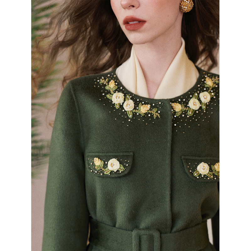 Lorina Storia Rosa Workshop French Retro Hand-Embroidered Dark Green Double-Sided Wool Cashmere Coat for Women