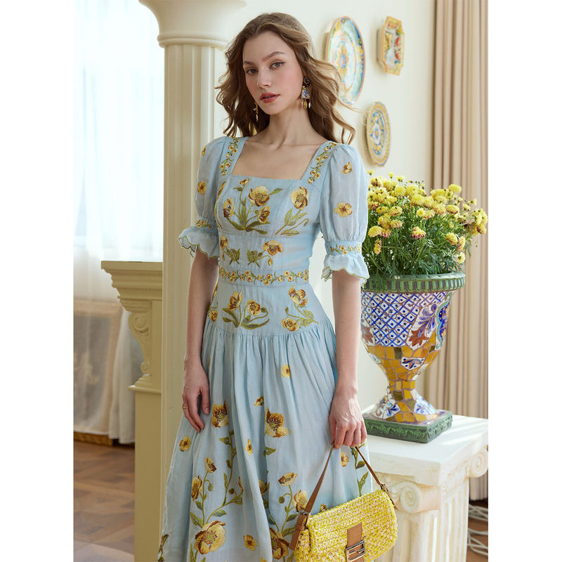 Lorinastoria Rosa Workshop Original Vintage Heavy-Duty Ramie French High-End Positioning Embroidery Dress for Women Lorinastoria Rosa Workshop Original Vintage Heavy-Duty Ramie French High-End Positioning Embroidery Dress for Women