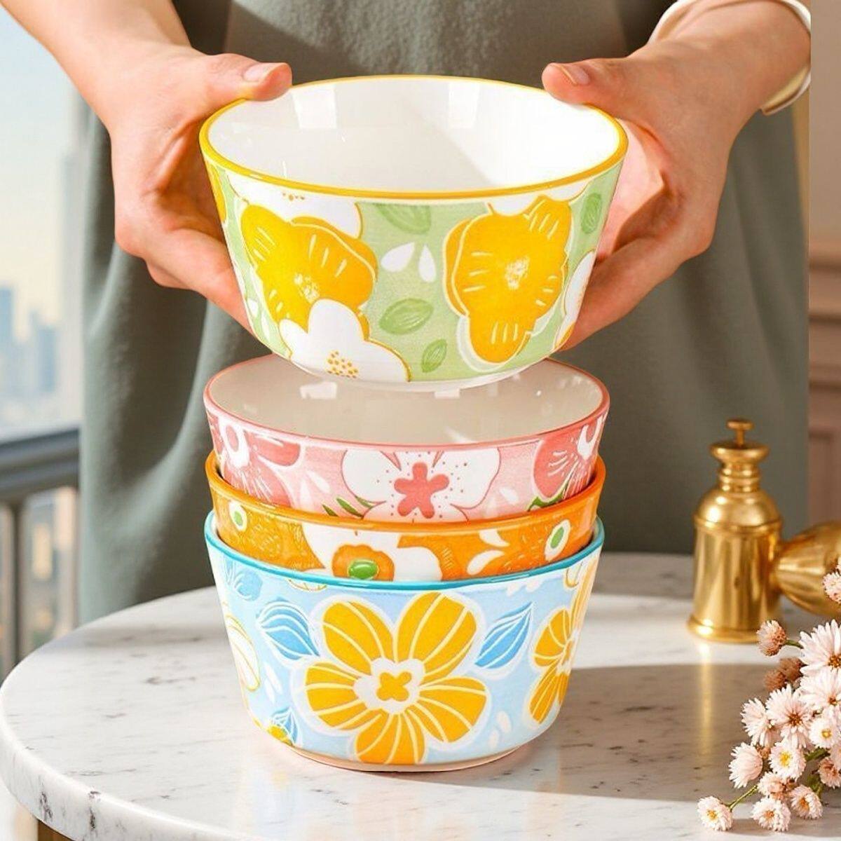 新製品 2025 家庭用ご飯茶碗と皿のセット、陶器製食器、蒸し卵用フルセット、ファミリーパック
