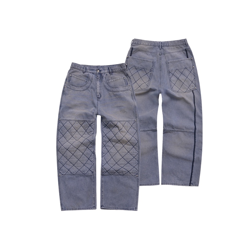 Expensive Taste Am Washed and Distressed Blue Quilted Straight-Leg Casual Autumn and Winter Work Pants Expensive Taste Am Washed and Distressed Blue Quilted Straight-Leg Casual Autumn and Winter Work Pants