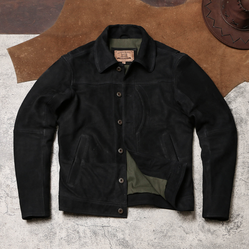 Black Warrior Genuine Leather Vintage Workwear Leather Jacket, Lapel Short Slim-Fit Leather Jacket, Uncoated Oil-Free Goat Leather Coat