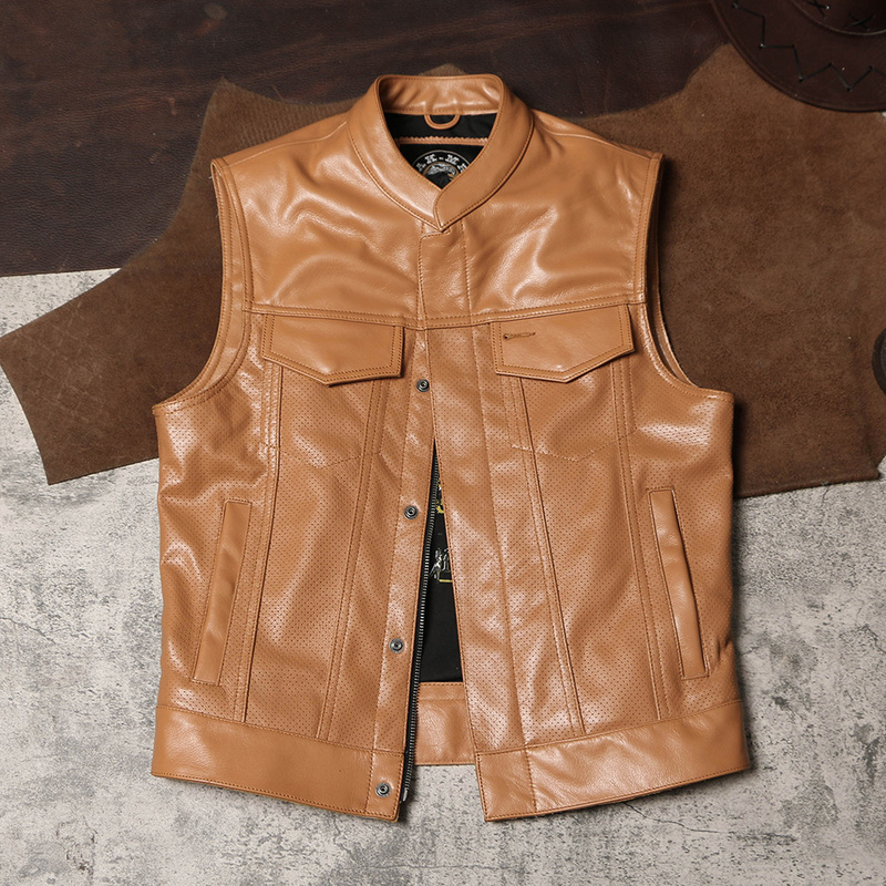 Chaos Sons Club Genuine Leather Biker Vest Perforated Mesh First Layer Cowhide Vest Stand Collar Motorcycle Leather Jacket Chaos Sons Club Genuine Leather Biker Vest Perforated Mesh First Layer Cowhide Vest Stand Collar Motorcycle Leather Jacket