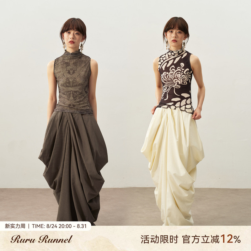 Ruru Runnel Two-Tone Structured Pleated Wide-Leg Pants Minimalist Style Irregular Drape Pleated Casual Pants