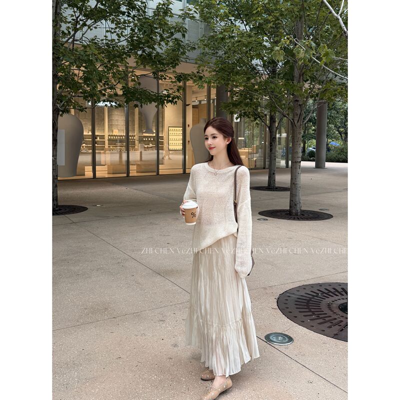 Vézhichen Cedar Milk Shell Sheep Wool Long Sleeve Hollow Knit Top Women's Autumn and Winter Versatile Round Neck Sweater Vézhichen Cedar Milk Shell Sheep Wool Long Sleeve Hollow Knit Top Women's Autumn and Winter Versatile Round Neck Sweater