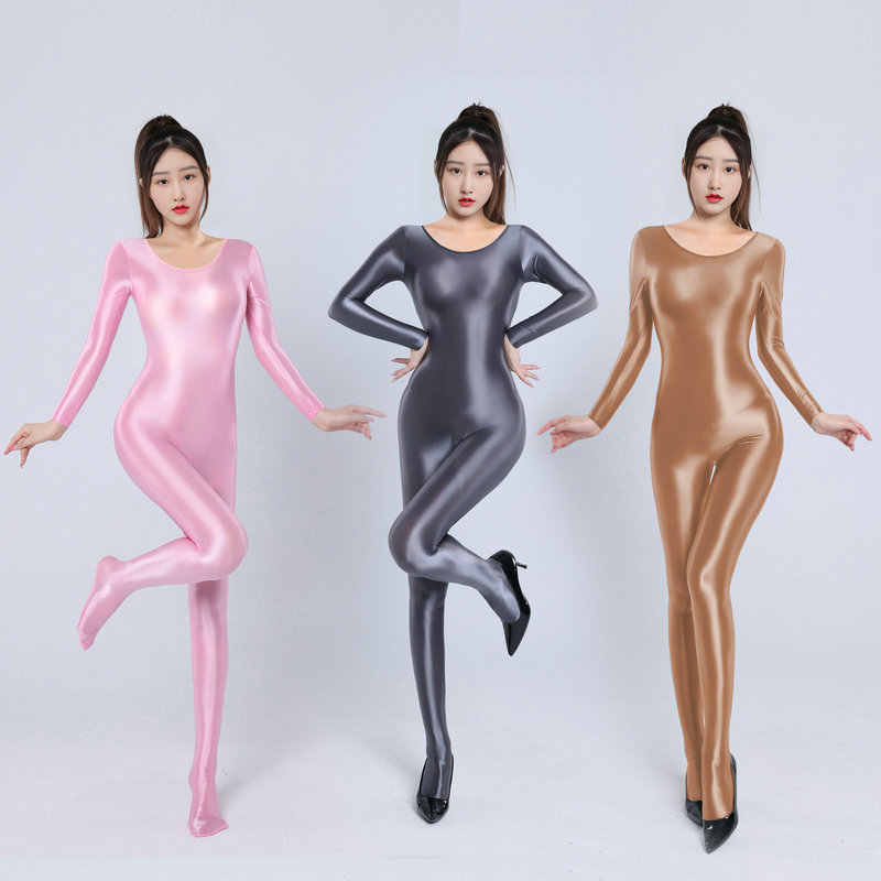 Plus-Size Shiny Silky Bodysuit, Tight-Fitting Shapewear, Sexy Lingerie for Women, Open-Crotch Full-Body Tights, Yoga Jumpsuit