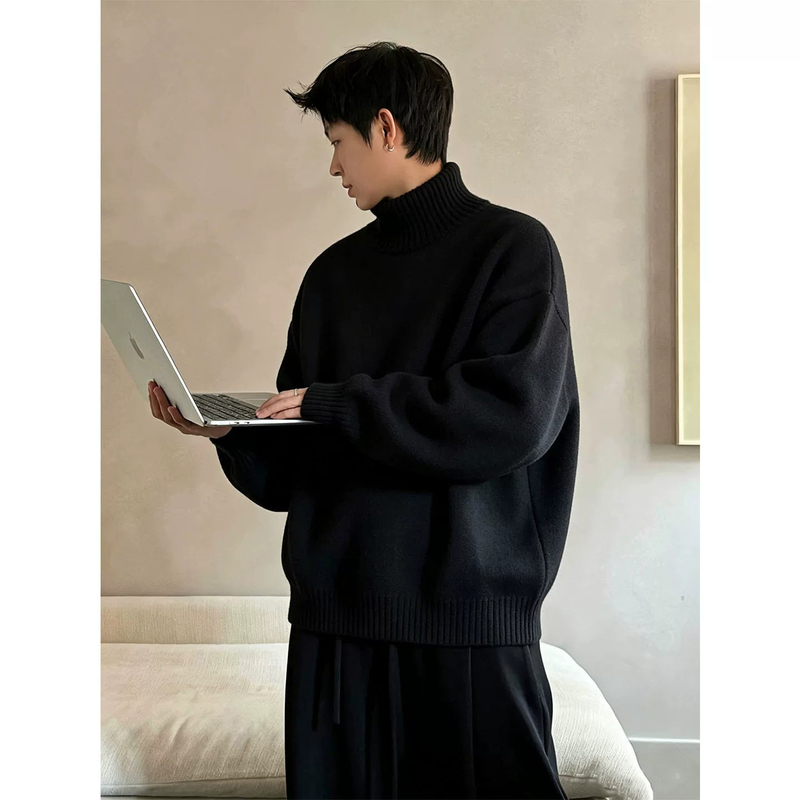 Uamtor Black High-Neck Heavy Sweater for Men, Autumn and Winter Old Money Style Inner Layer Round Neck Knitwear