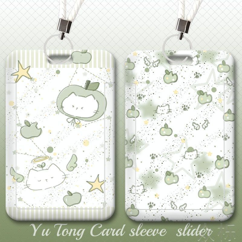 Cute green apple kitten student sliding card holder for meal cards, public transport ID cards, campus cards, and access cards.