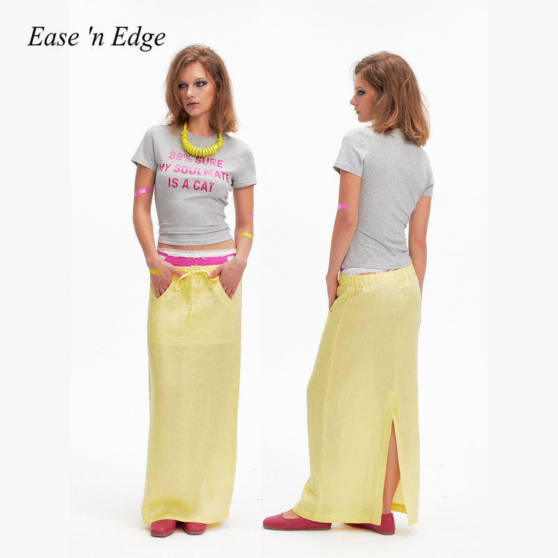 Ease'N Edge Vintage Washed Linen Yellow Midi Skirt for Women with Slit, Slimming and Versatile, Off-Duty Style