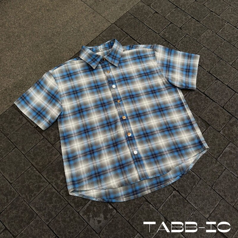 Tabbic Retro [Sea Blue] Vintage Street Casual Versatile Short Wide Custom Woven Flannel Shirt