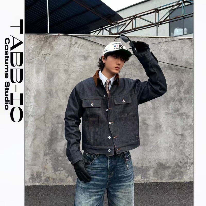 Tabbic【Hunting Jacket】15Oz Heavyweight Vintage Blue Light Blue Patchwork Corduroy Stand Collar Raw Denim Jacket
