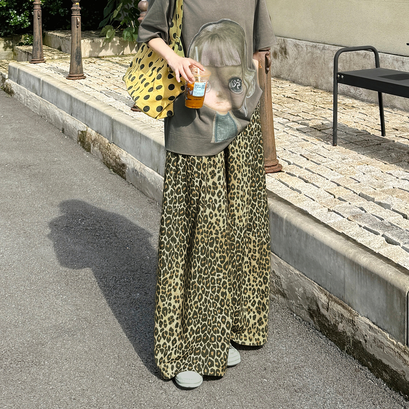 Huhoo Viscose Straight-Leg Pants for Women 2026 Summer New Vintage Leopard Print Floral Drape Wide-Leg Pants