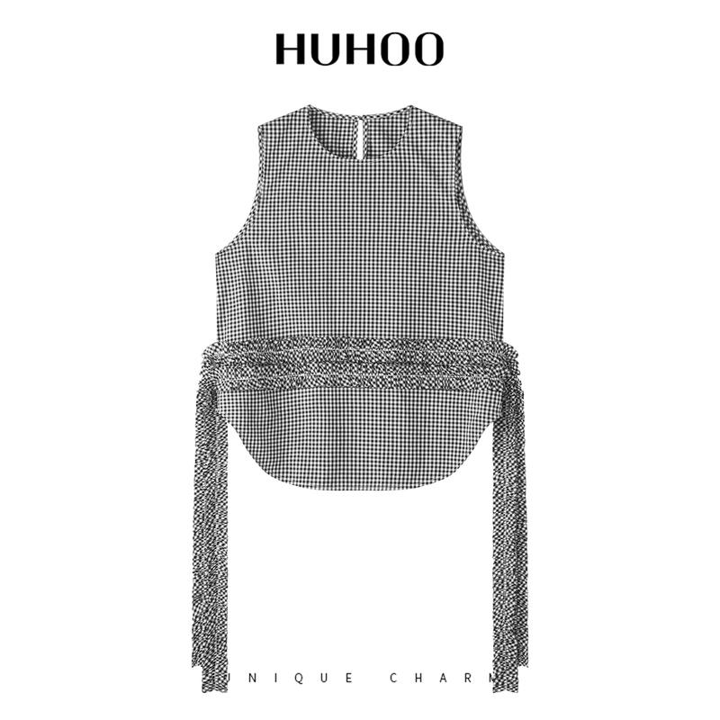 Huhoo Mulberry Silk Cotton Design Black and White Plaid Sleeveless Shirt with Ruffled Pleated Ribbon Top