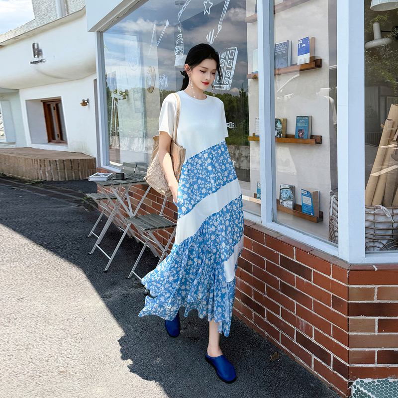 Huhoo Tencel Cotton Dress for Women 2026 Summer New Style Patchwork Floral Round Neck Fishtail Hem Long Dress