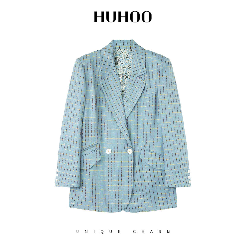 Huhoo Wool Linen Blazer for Women 2026 Autumn New Commuter Style Casual Plaid Blazer