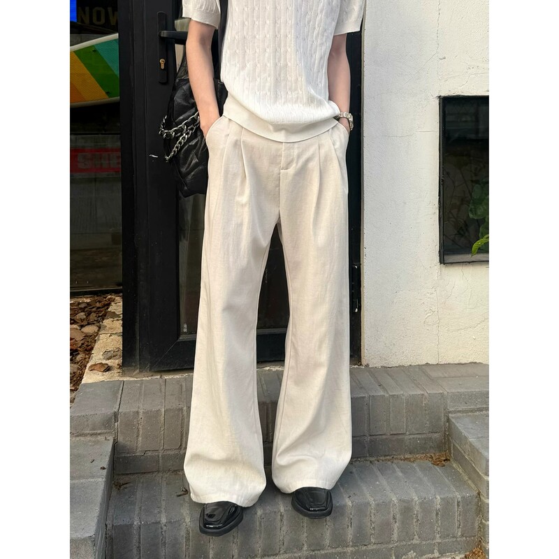︱New Collection︱Men's Tencel Blend White Linen Pants Summer Husband-Style Old Money Straight Wide-Leg Trousers