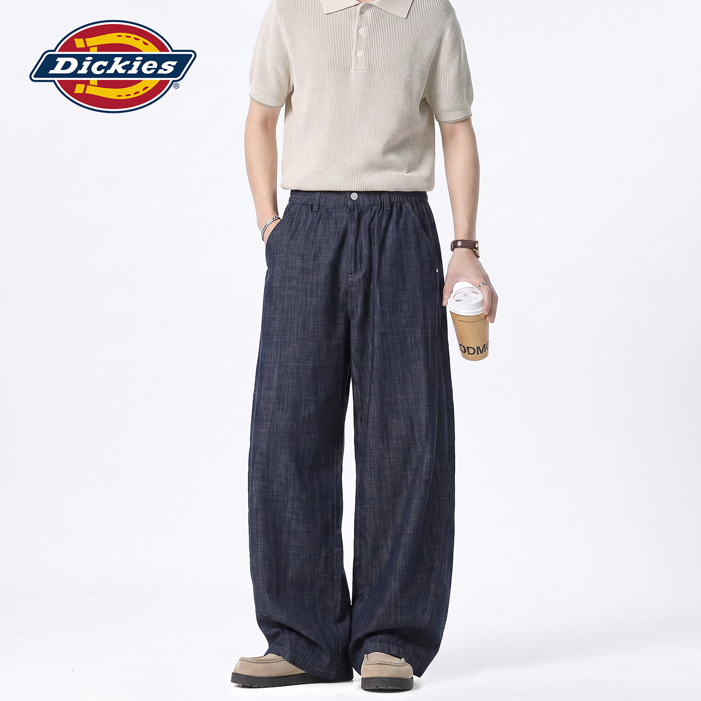Dickies 苎麻凉感亚麻夏季阔腿弯刀休闲裤男老钱风原牛牛仔长裤子