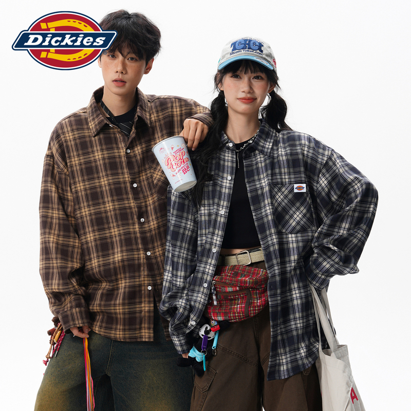 Dickies Color-Blocked Striped Plaid Shirt Men's New Autumn Style American Trendy Brand Loose Versatile Long-Sleeve Shirt