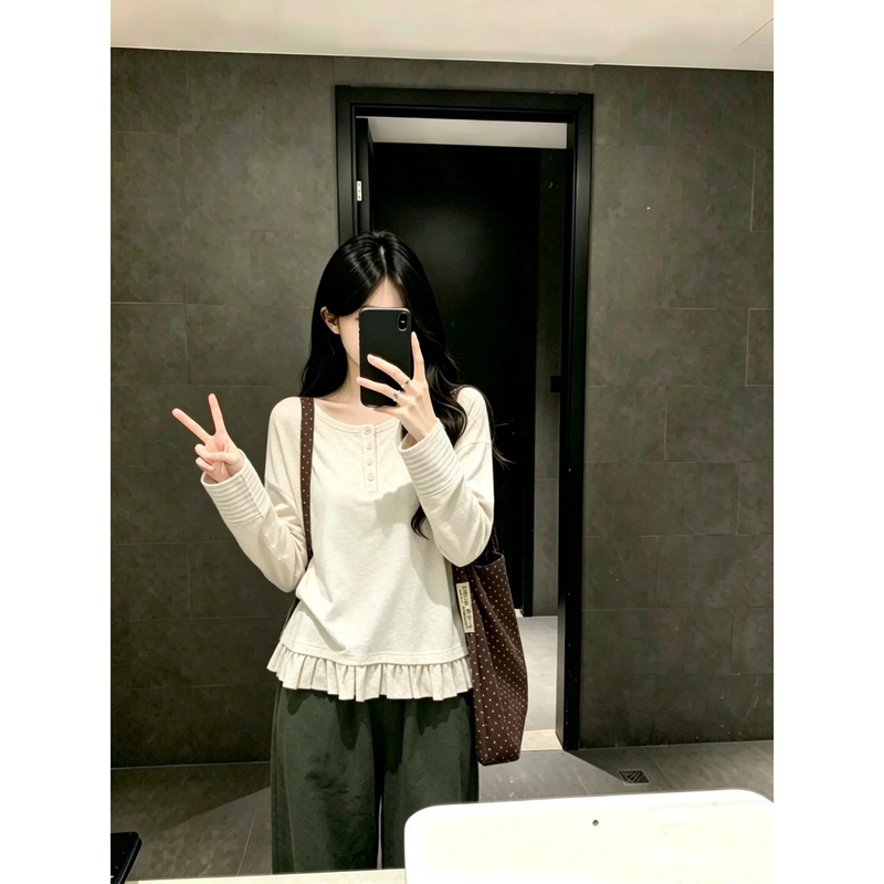 Casual Lazy Style Henry Collar Long-Sleeved T-Shirt for Women in Autumn, Apricot Color with Ruffled Hem, Loose and Slimming Design Ins Top